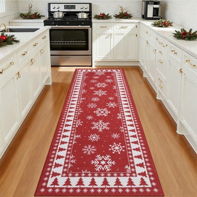 Orieon 24x96 in Christmas Runner Rug, Washable Non-Slip Holiday Rug with Snowflake Pattern, Low Pile Hallway & Kitchen Mat for Living Room, Red
