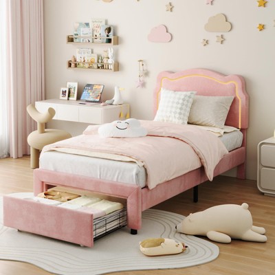 Homhougo Twin Upholstered Bed Frame with Adjustable Headboard & Smart LED with drawer Pink