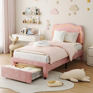 Homhougo Twin Upholstered Bed Frame with Adjustable Headboard & Smart LED with drawer Pink - 1 of 4