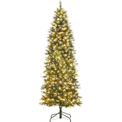 Acekool 9FT Pre-Lit Christmas Tree with Dual Color Lighting, Slim Pencil Pine Tree with Cones, Foldable Metal Leg, Holiday Indoor Outdoor Decoration