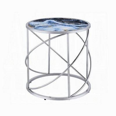 Royal Hampton Round Side End Table, 22 Inch, Open Chrome Base Blue Faux Marble