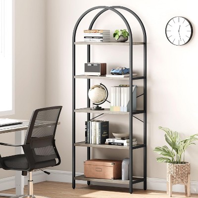 5 Tier Arched Bookcase,Modern Vertical Tall Bookcase,Metal Wooden Storage Shelves for Bedroom,Living Room,Home Office
