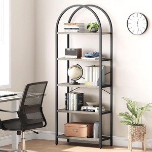 5 Tier Arched Bookcase,Modern Vertical Tall Bookcase,Metal Wooden Storage Shelves for Bedroom,Living Room,Home Office - 1 of 4