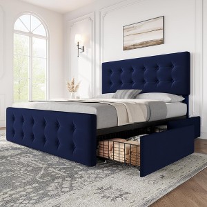Linen Upholstered Platform Bed Frame with 4 Storage Drawers & Button Tufted Headboard – No Box Spring Needed, Diamond Stitched Design - 1 of 4