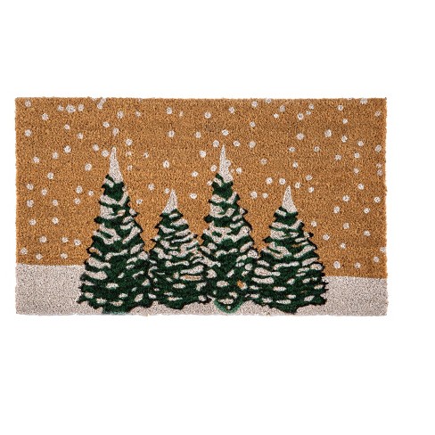 Snow pine trees brown rustic wood winter doormat