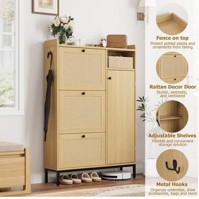 Oak Rattan Shoe Storage Cabinet with 3 Flip Drawers