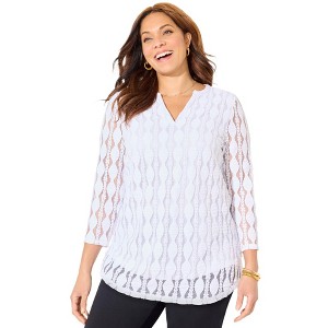 Catherines Women's Plus Size Textured Lace Knit Top - 1 of 4