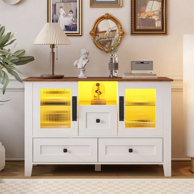 Sideboard Buffet Cabinet, Wooden Buffet Server Console Table With Glass Doors, Tempered Glass Shelves, Coffee Bar Cabinet For Kitchen Dining Room