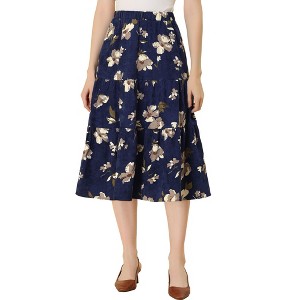 INSPIRE CHIC Women's Corduroy Elastic Waist Warm Fall A-Line Pockets Tiered Floral Midi Skirt - 1 of 4