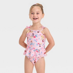 Toddler Girls' Disney Princess Ruffle One Piece Swimsuit with Bows - Pink - 1 of 3