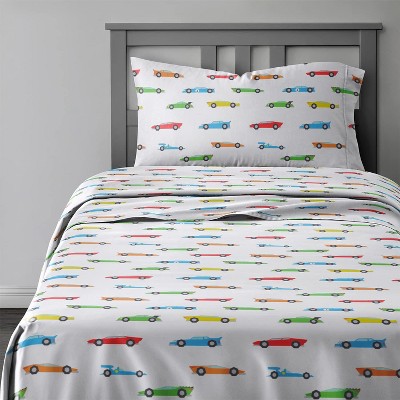 Kids Full Size White Microfiber Racecar Print Sheet Set