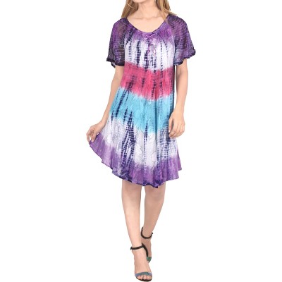 LA LEELA Women's Summer Vacation Casual Short Swing Dress Relaxed Maternity House Wear Dresses Medium/Large Blue, Tie Dye Design