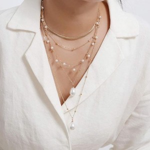 HTUTWOO Boho 5 Tier Gold Punk Chain Layered Necklace Dainty Pearls Pearls Pendant Long Choker Necklaces for Women - 1 of 4