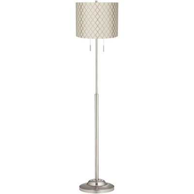 360 Lighting Modern Floor Lamp Brushed Nickel Off White Embroidered Hourglass Drum Shade for Living Room Reading Bedroom Office