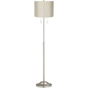 360 Lighting Abba Modern Floor Lamp Standing 66" Tall Brushed Nickel Off White Embroidered Hourglass Drum Shade for Living Room Bedroom Office House - 1 of 3
