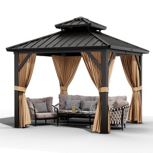 Whizmax Hardtop Gazebo, Double Roof Aluminum Frame with Netting & Curtains, Wood Grain Galvanized Steel for Patio, Garden, Lawn & Outdoor Parties - 1 of 4