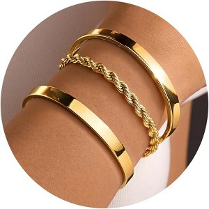 Gold Bracelets for Women Non Tarnish Dainty 14K Real Gold Plated Bangle Cuff Bracelets Stack for Women - 1 of 4