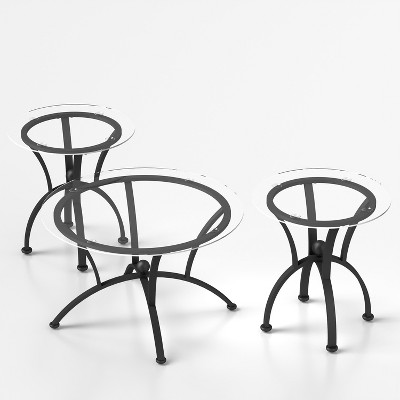 Vynxaria 3-Piece Rustic Black Coffee Tables Set - Round Tempered Glass Top Side Tables