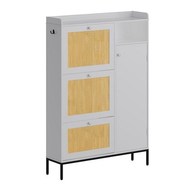 Whizmax Shoe Cabinet with 3 Flip Drawers, Rattan Free Standing Shoe Racks with Adjustable Shelves