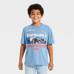 Boys' Formula 1 Race Car Short Sleeve Oversized Graphic T-Shirt - Blue - 1 of 4