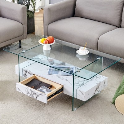 Glass Coffee Table Modern 2-Tier Center Table Cocktail Table Sofa Table Storage Side Table with Drawer, Walnut/White/Black/Natural-ModernLuxe