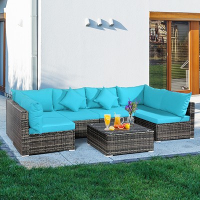 Tangkula 7 PCS Outdoor Patio Furniture Set All-Weather PE Rattan Sofa Set w/Coffee Table & Cushions