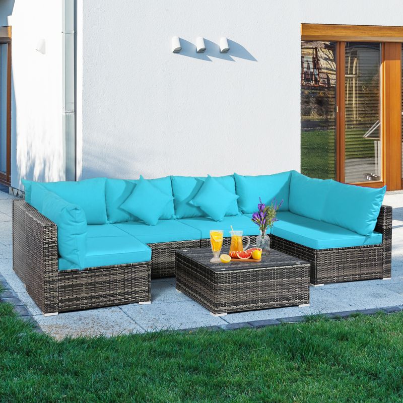Tangkula 7 PCS Outdoor Patio Furniture Set All-Weather PE Rattan Sofa Set w/Coffee Table & Cushions, 1 of 11
