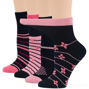 Women's Cotton Diabetic Quarter Patterned Socks - 4 Pack - Shoe Sizes 5-9 M, 8-12 L - Heart, Stripe, Flower - Black, Blue | 7BIGSTARS KINGDOM - 1 of 4