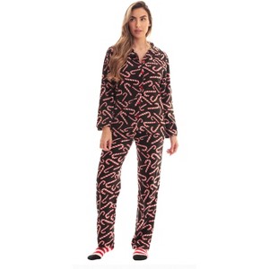 #followme  Womens Printed Microfleece Button Front PJ Pant Set with Socks / Winter Pajamas - 1 of 4