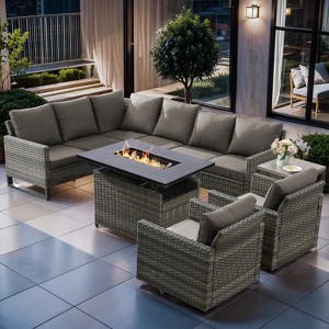 Buenhomino Outdoor Sectional Patio Furniture Set with Fire Pit Table,7 Pieces Wicker Conversation Sets L Shaped Couch with Swivel Chairs - 1 of 4