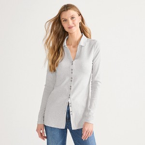 Lands' End Women's Long Sleeve Polished Rib Button Through Tunic Shirt - 1 of 4