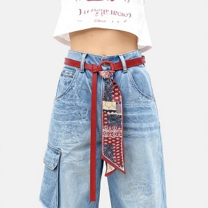 Anna-Kaci Women's Faux Leather Belt with Patterned Scarf Tie and Metal Loop Detail 53x0.8in - Red - 1 of 3