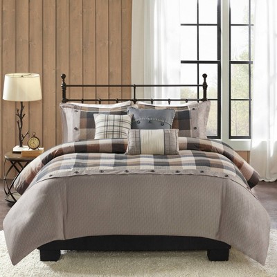 King/California King Neutral Herringbone Plaid Duvet Cover Set
