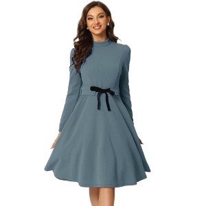 Allegra K Women's Elegant Work Sheath Mock Neck Flare Long Sleeve Knit Midi Dress - 1 of 4