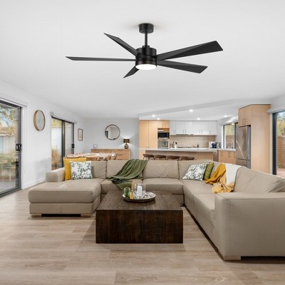 Airsurfer 65" Ceiling Fan with Color-Changing LED Light, Matte Black with Black Blades, 5-Blade, Remote Included