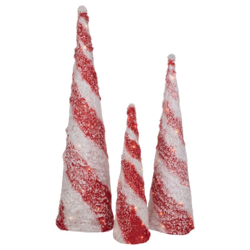 Northlight Set of 3 LED Lighted Snowy Candy Cane Striped Christmas Cone Trees 3.25', 5 of 7