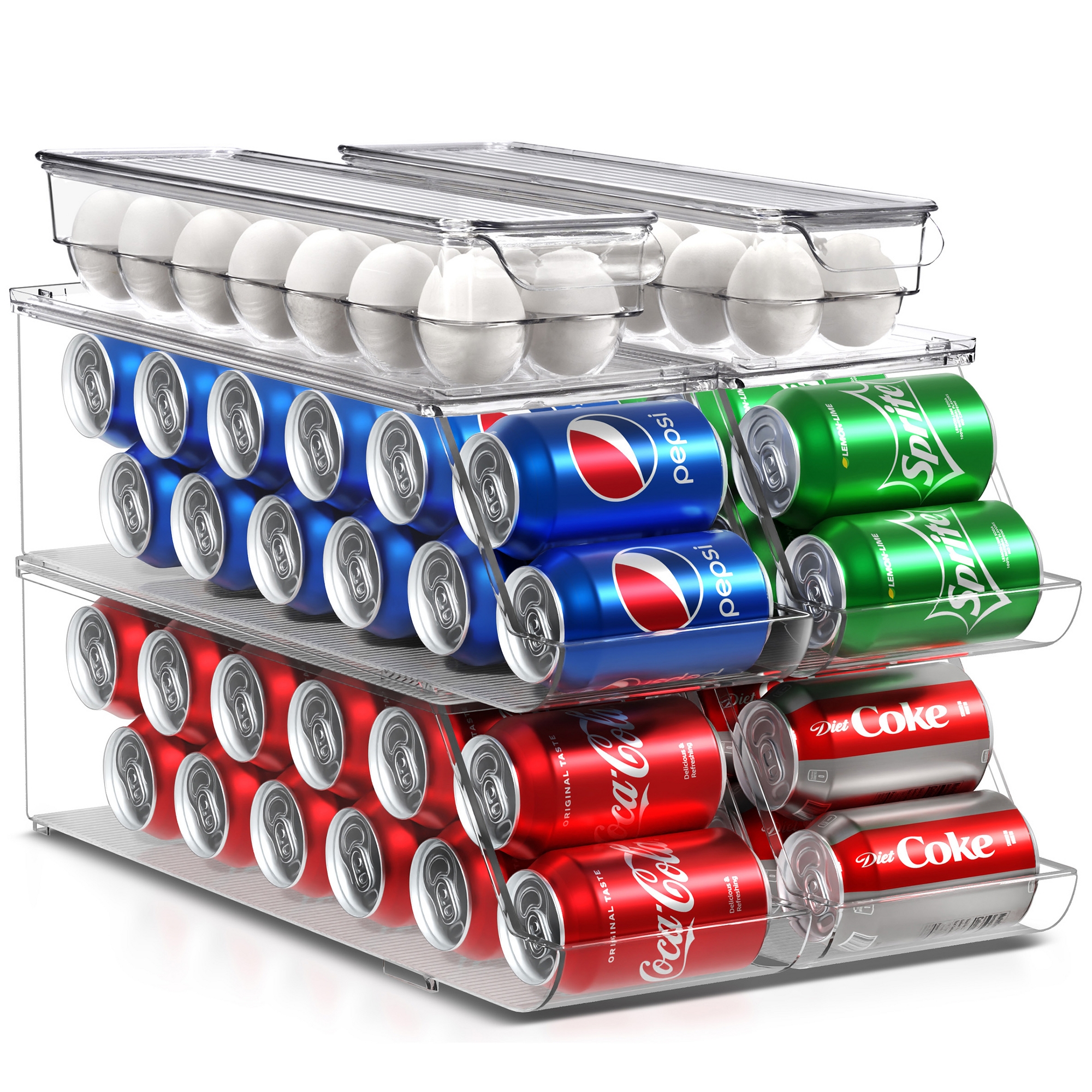 Sorbus Can & Egg Holder Set - 4 Stackable Can Dispenser Holds 12 Cans Each & 2 Egg Holders with Lid holds 14 eggs for Fridge, Pantry, BPA-Free