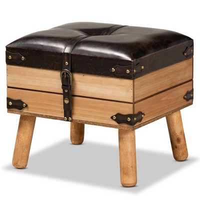 Rustic Oak and Dark Brown PU Leather Small Storage Ottoman