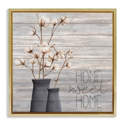 Stupell Industries Grey Home Sweet Cotton Flowers Black Framed Floater Canvas Wall Art
