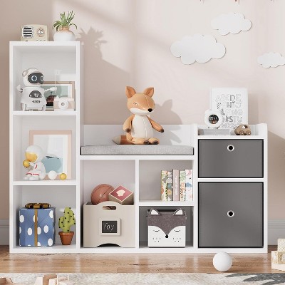 Homhougo Toy Storage Organizer with Reading Nook Kids Bookshelf White Bookcase Seat Cushion Wooden 6-Cubby Storage Bench Toddler Cabinet Shelf