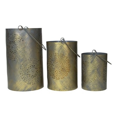 Northlight Set of 3 Gray and Gold Floral Designed Pillar Candle Lanterns 10"