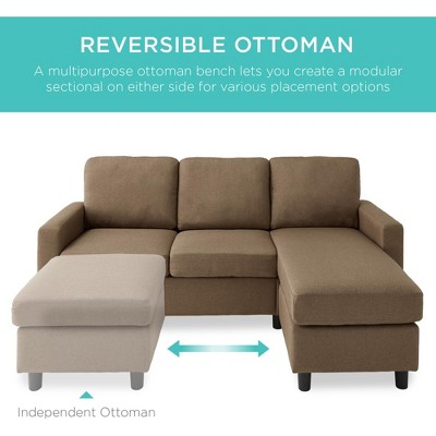 Brown Linen Sectional Sofa with Reversible Ottoman and Wood Frame