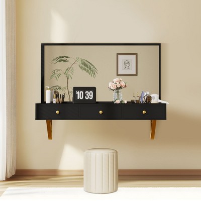 NicBex Dresser with Mirror 47" Small Vanity Table Floating Shelf, Floating Table Multi-Purpose Wall-Mounted Vanity Table with 3 Drawers, Black