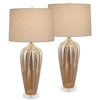 Possini Euro Design Loren 28 1/4" Tall Modern End Table Lamps Set of 2 Ivory Handcrafted Brown Ceramic Living Room Bedroom Bedside Nightstand House