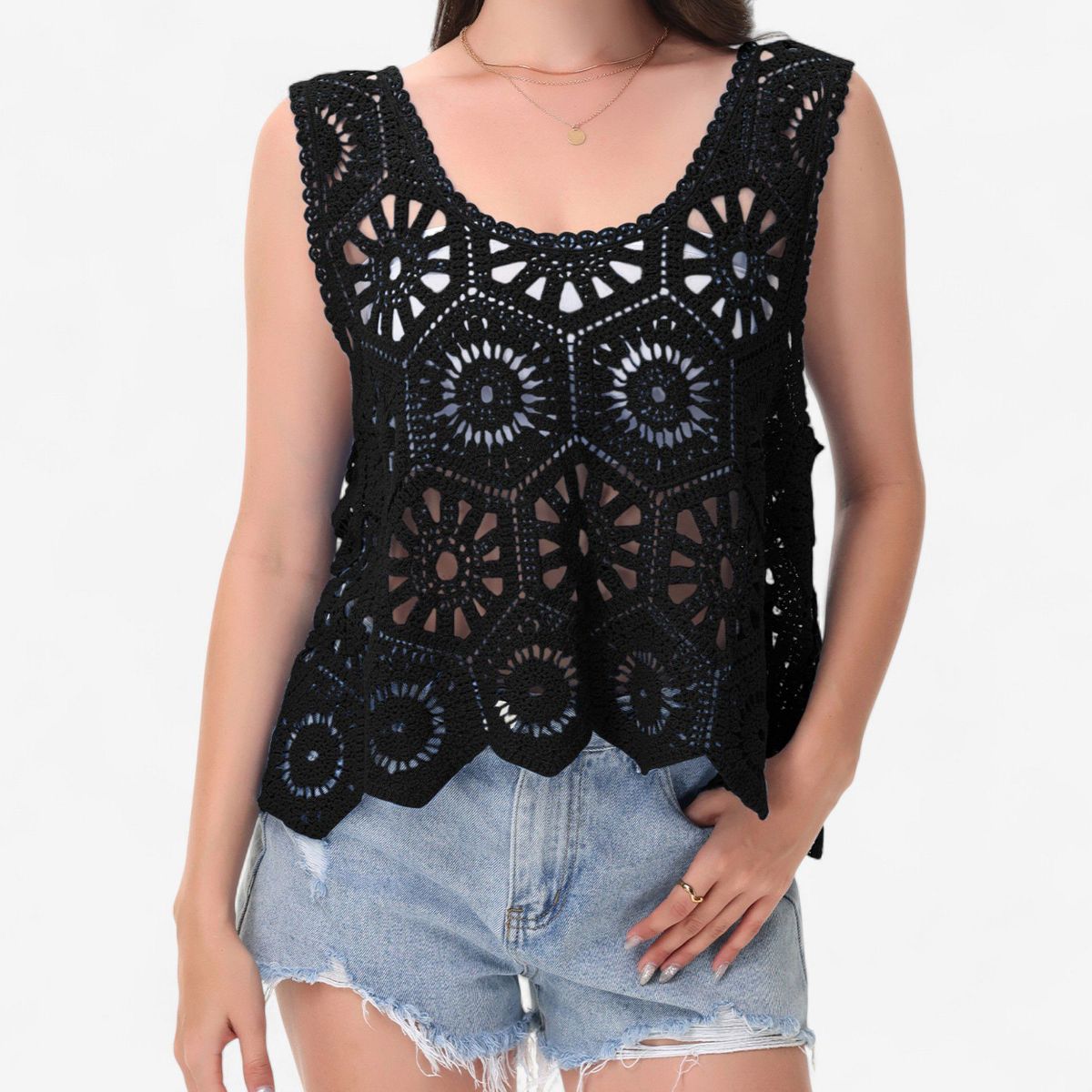 Anna-Kaci Women's Crochet Sleeveless Tank Top with Floral Open Knit Pattern and Scalloped Hem Detail
