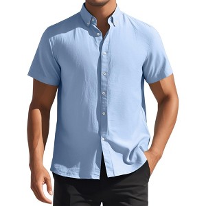 INSPIRE CHIC Men's Solid Short Sleeve Cotton Regular Fit Button Down Business Oxford Shirt - 1 of 4