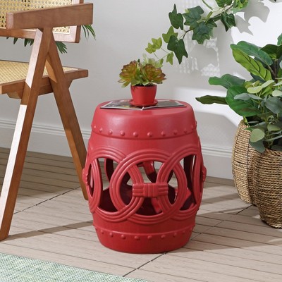 Matte Red 16" Ceramic Drum Garden Stool with Lucky Coin Symbols