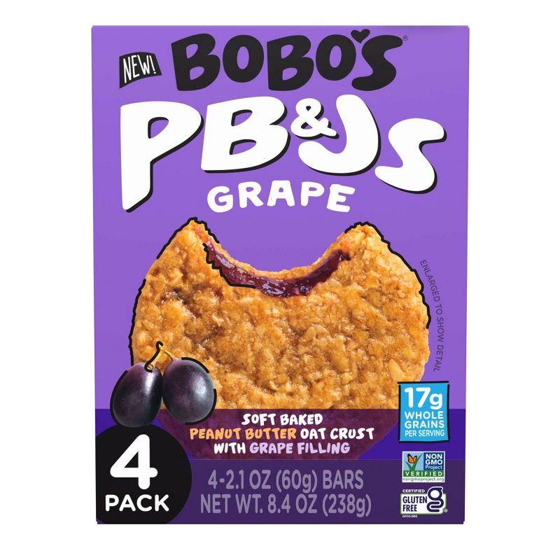 Bobo&#39;s PB&#38;Js Grape Soft Baked Peanut Butter Oat Crust Bars - 8.4oz/4ct, 1 of 10