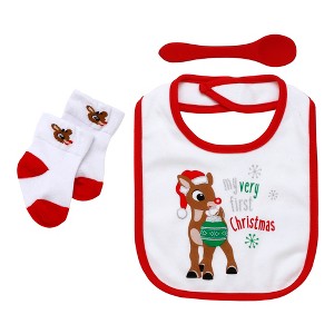 Rudolph the Red-Nosed Reindeer 3 Piece Bib, Spoon and Socks Set - 1 of 2