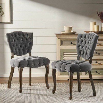 Coolbibila Wooden Dining Chairs Set Of 2,Vintage Tufted Button Velvet Fabric Dining Room Chairs With Rolled Legs And Antique Wood Finish